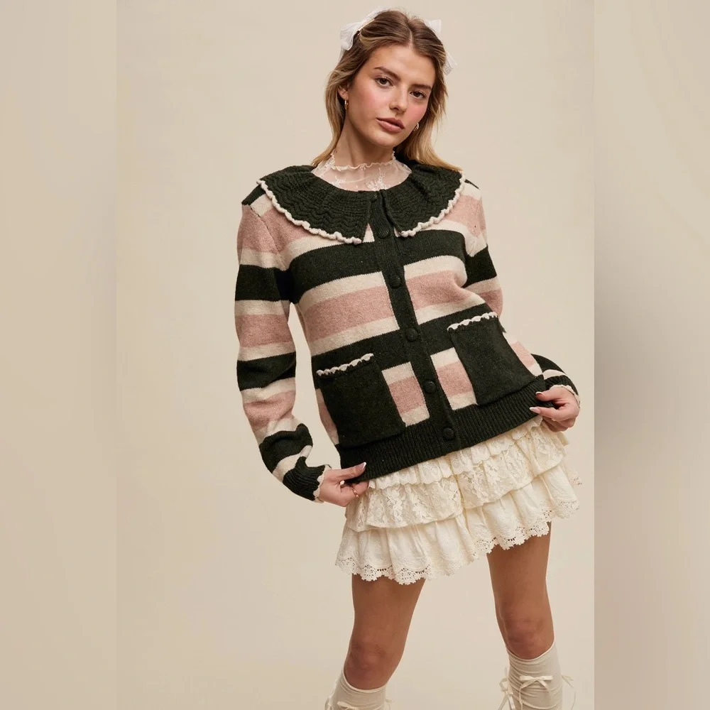 Listicle Striped Knit Cardigan with Scalloped Collar - Picture 2 of 3